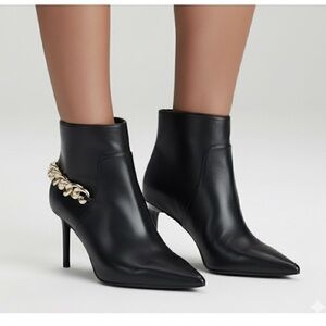 Black Leather Ankle Boots with Gold Chain